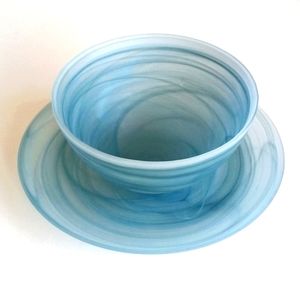Blue Swirl Blown Glass Plate and Bowl Set of 2